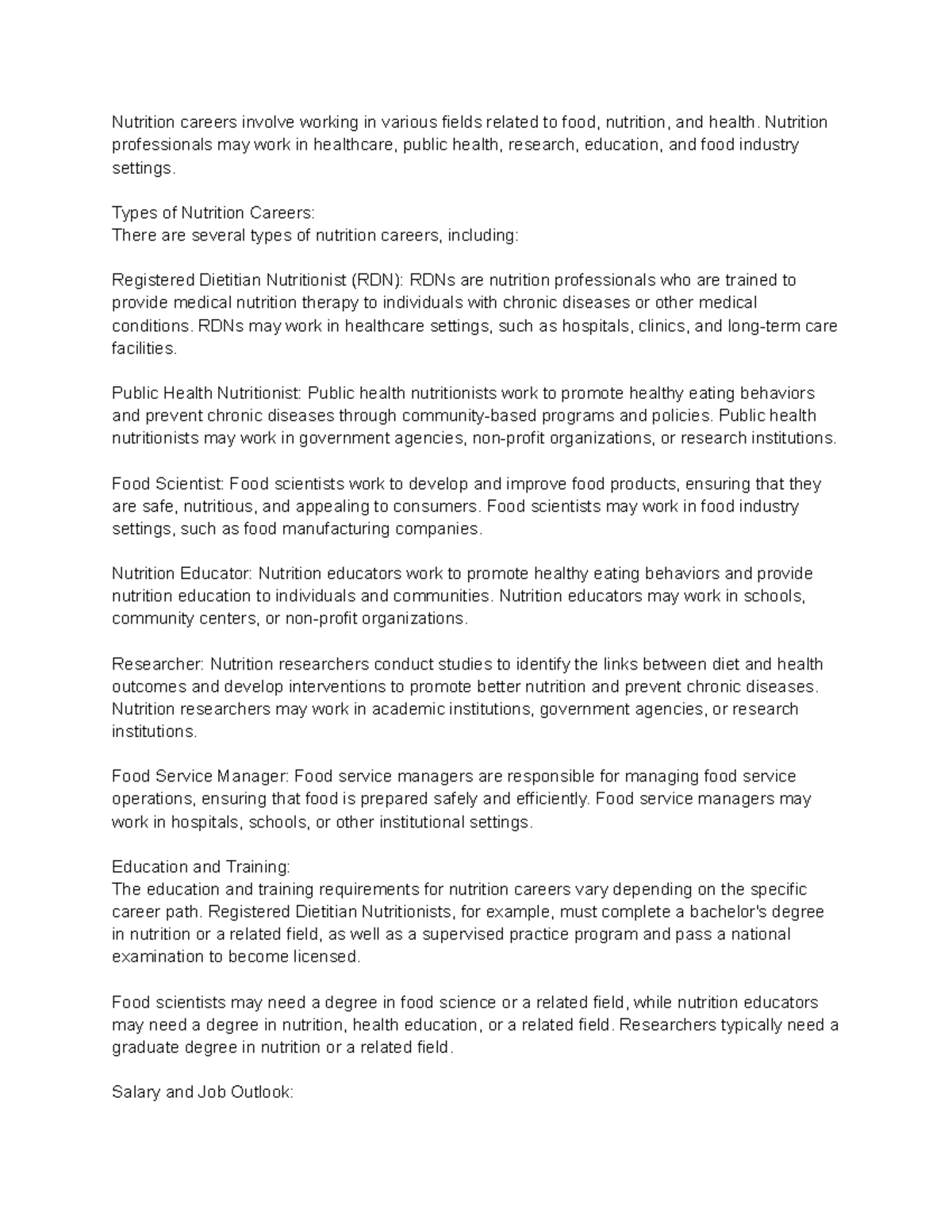 Nutrition Careers Nutrition professionals may work in healthcare