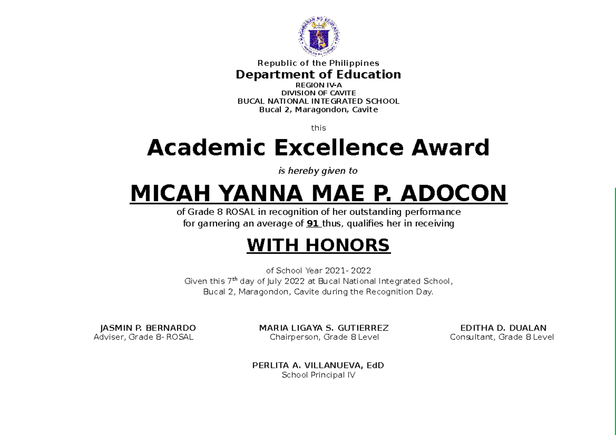 Rosal-CERT - certificates - Department of Education REGION IV-A ...