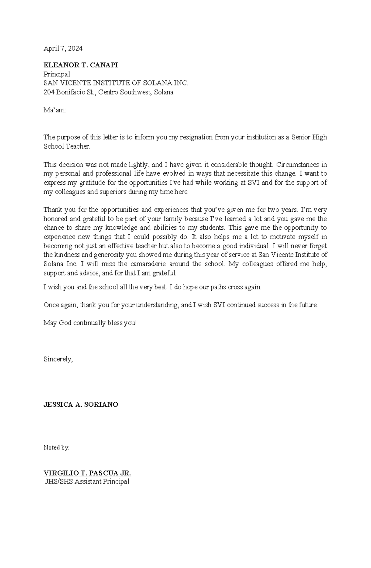 Resignation- Letter - April 7, 2024 ELEANOR T. CANAPI Principal SAN ...