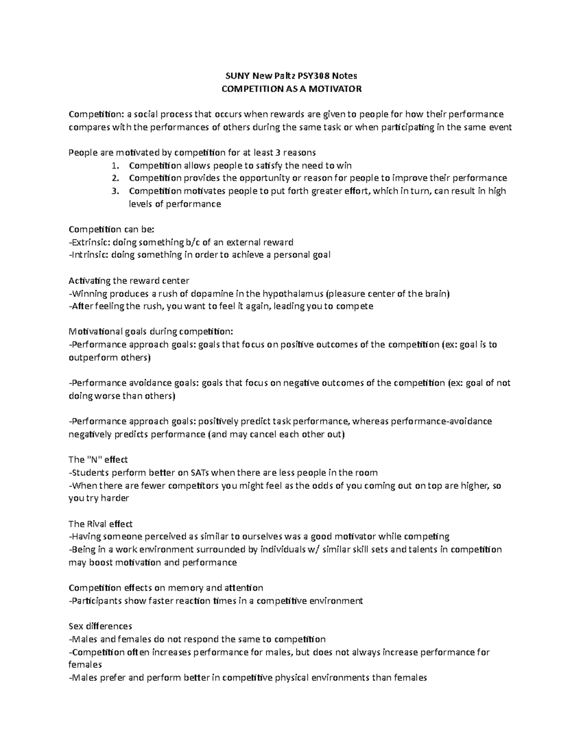 PSY308 Notes Competition as a Motivator - SUNY New Paltz PSY308 Notes ...