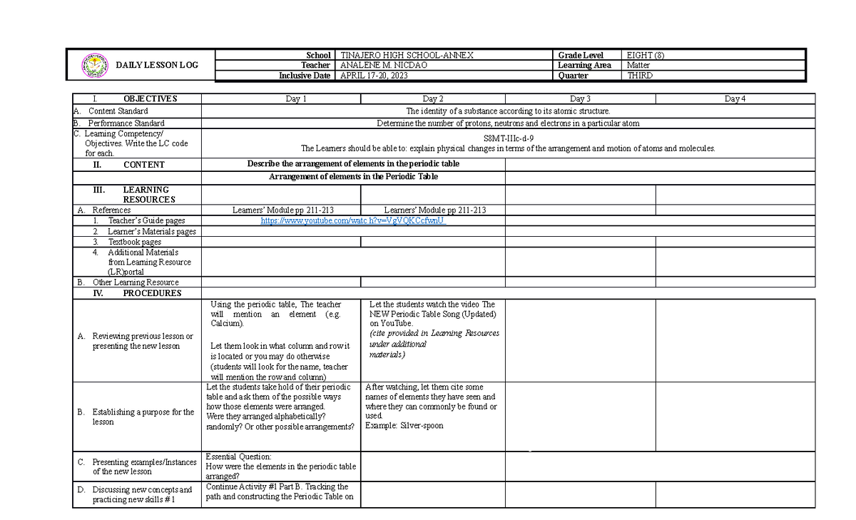 daily lesson log - DAILY LESSON LOG School TINAJERO HIGH SCHOOL-ANNEX ...