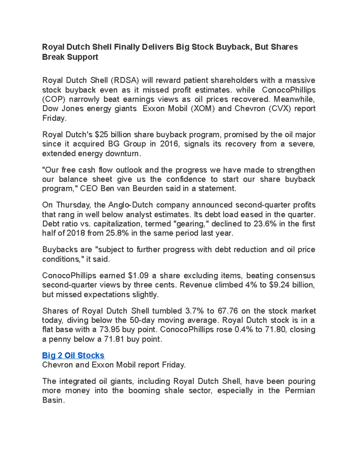 COrporate finance unit VI article Royal Dutch Shell Finally Delivers Big Stock Buyback, But