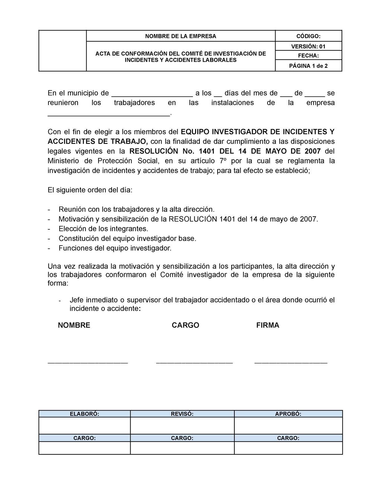 Acta De Conformacion De Investigacion De Incidentes Y Accidentes