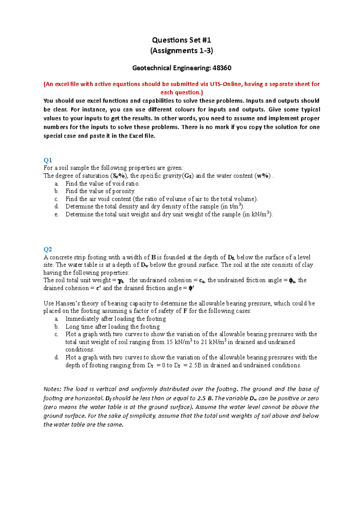Questions Set #1 2020s - Questions Set (Assignments 1-3) Geotechnical ...