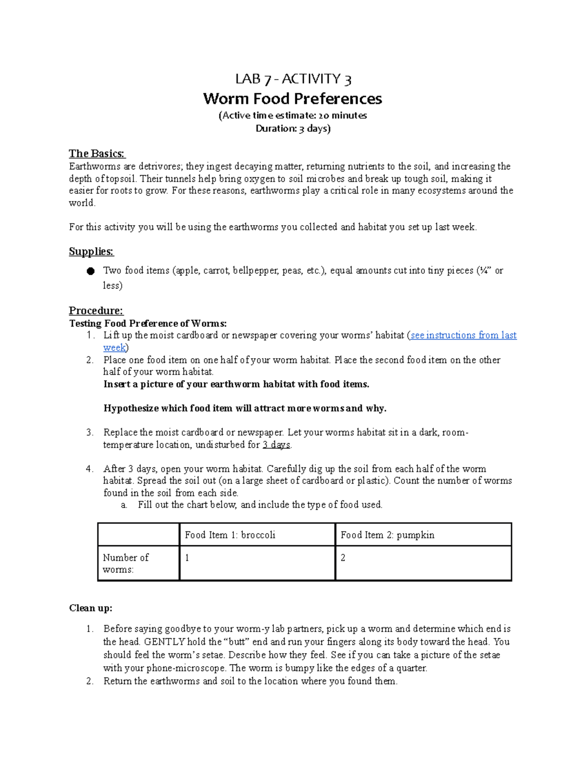 Copy Of Lab7activity 3 Worms Lab 7 Activity 3 Worm Food Preferences