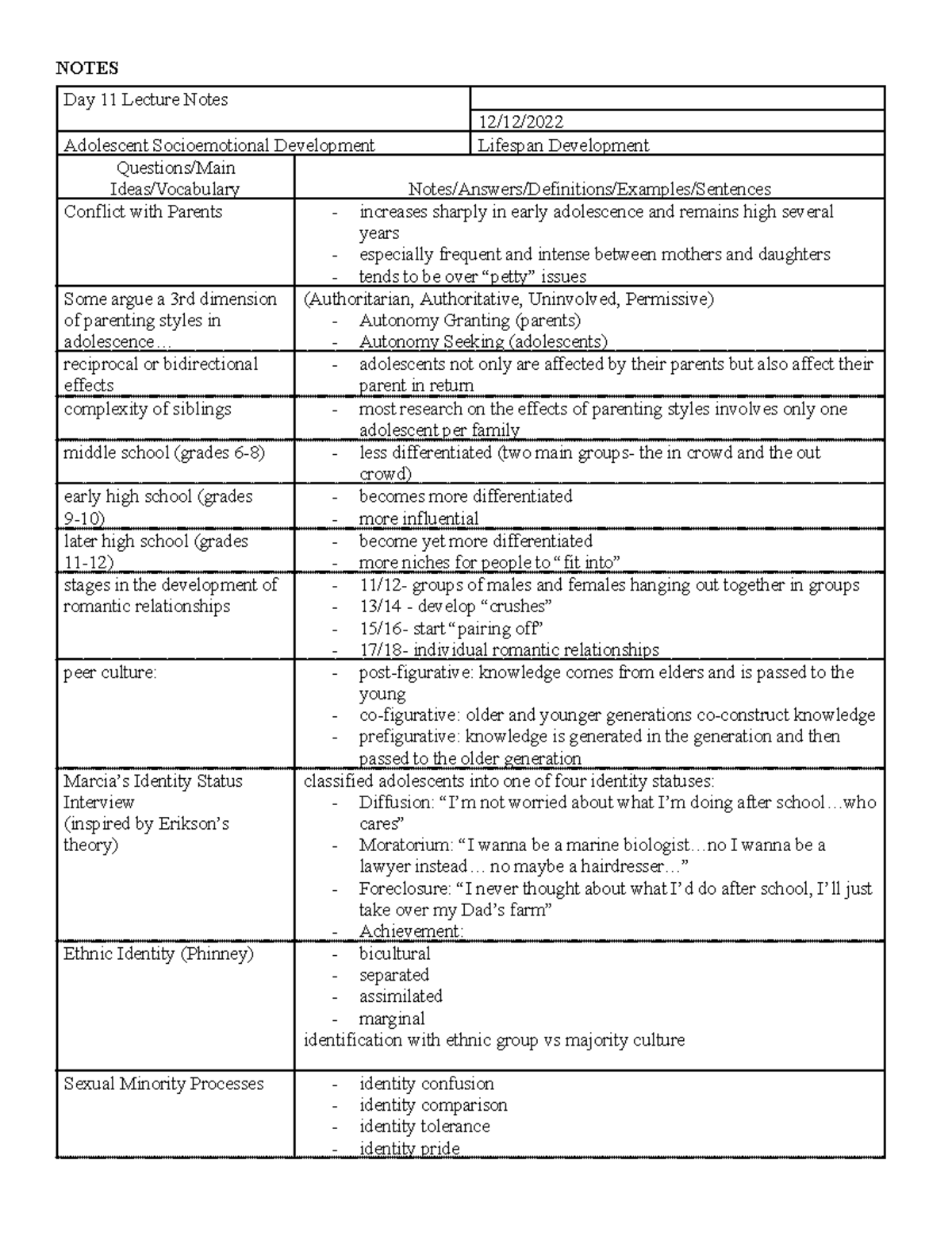 Day 11 Lecture Notes - Adolescent Socioemotional Development - NOTES ...