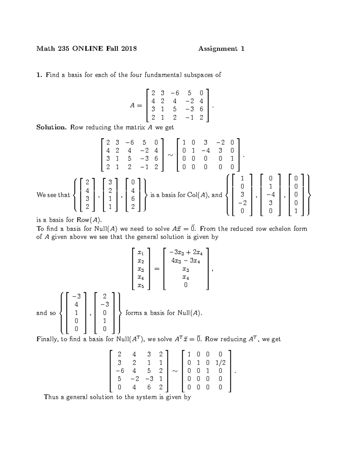 Assignment 1 Solutions - Math 235 ONLINE Fall 2018 Assignment 1 Find a ...
