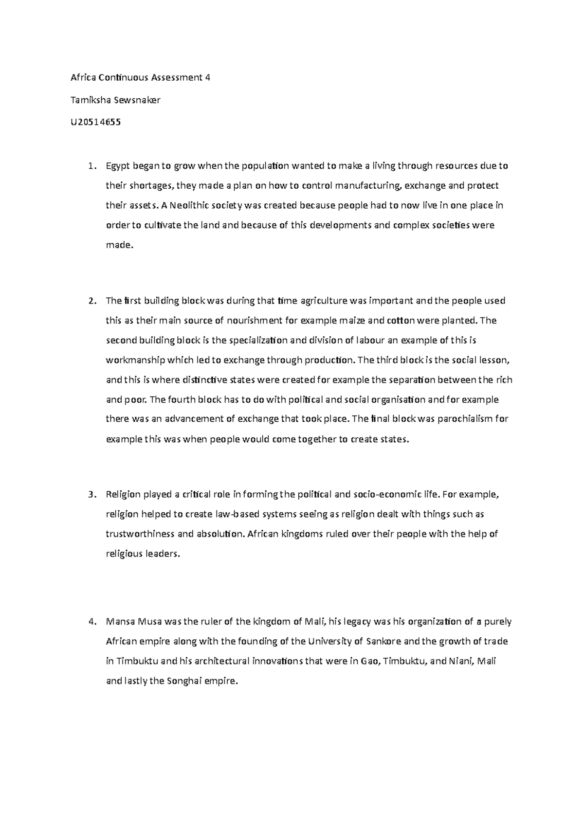 Africa Continuous Assessment 4 - A Neolithic society was created ...