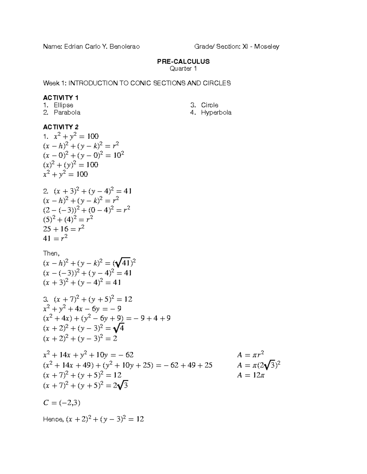 Quarter 1 - Week 1 - notes ni bai - Name: Edrian Carlo Y. Benolerao ...