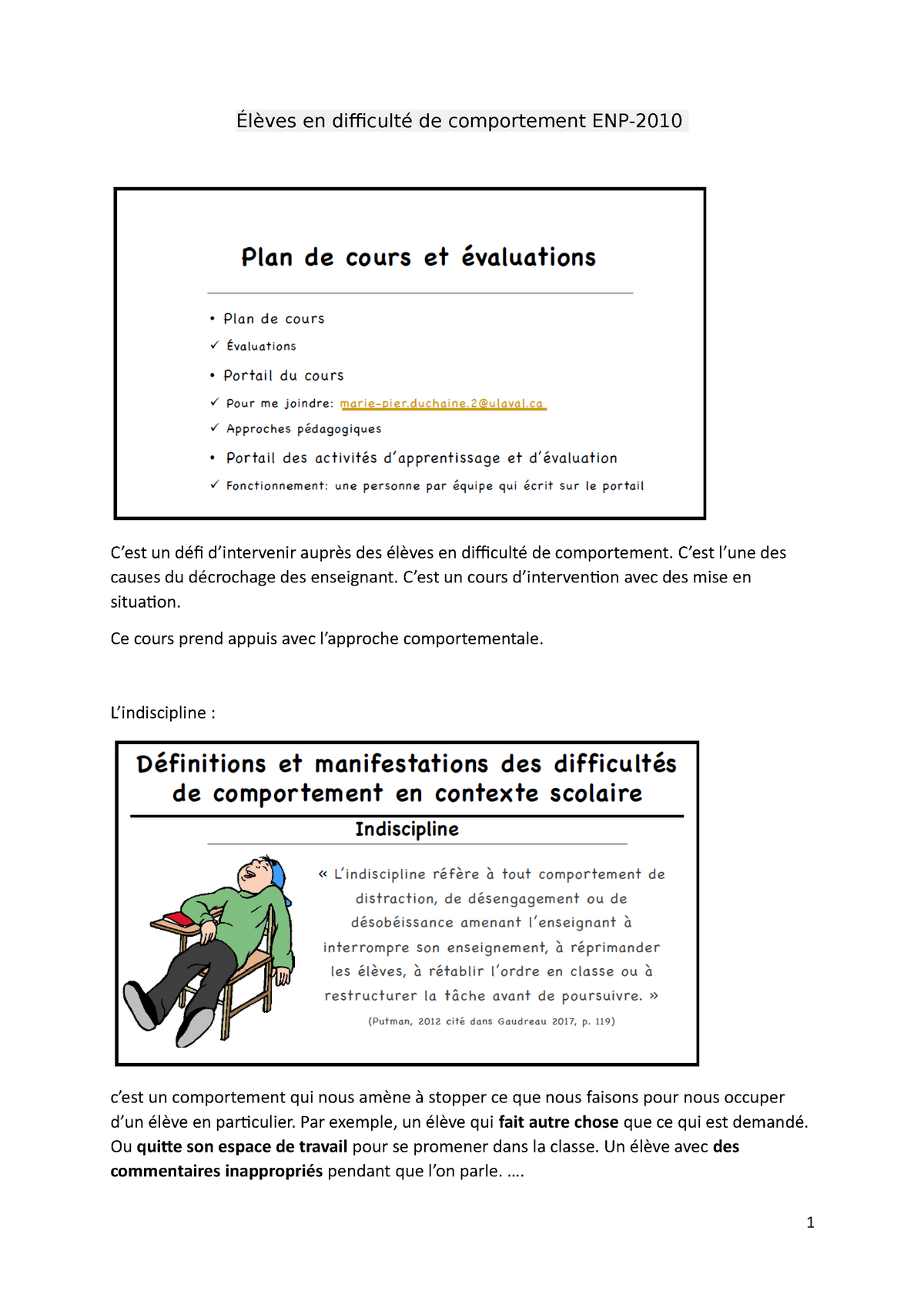 Notes De Cours Partie 1 Eleves En Difficulte De Comportement Enp C Est Un Defi D Intervenir Studocu