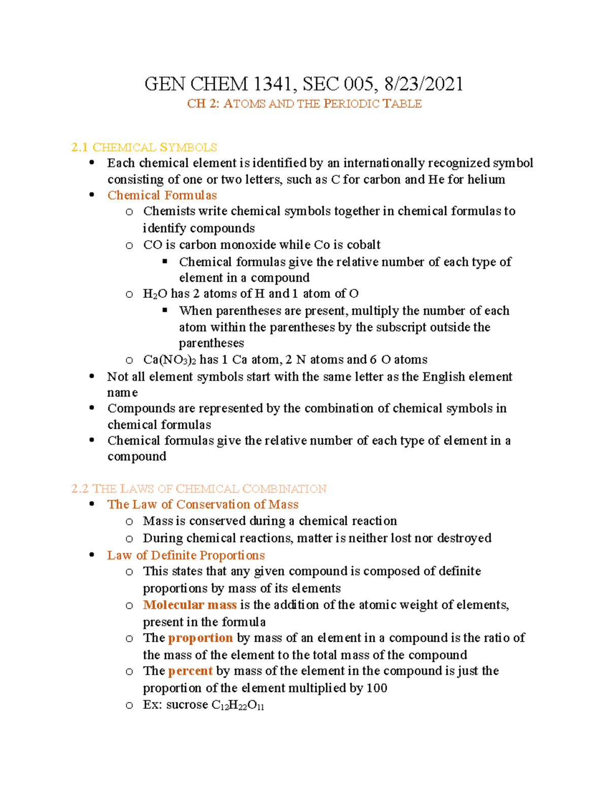 Chem notes, ch. 2 - atoms and the periodic table, Fernando Godinez ...