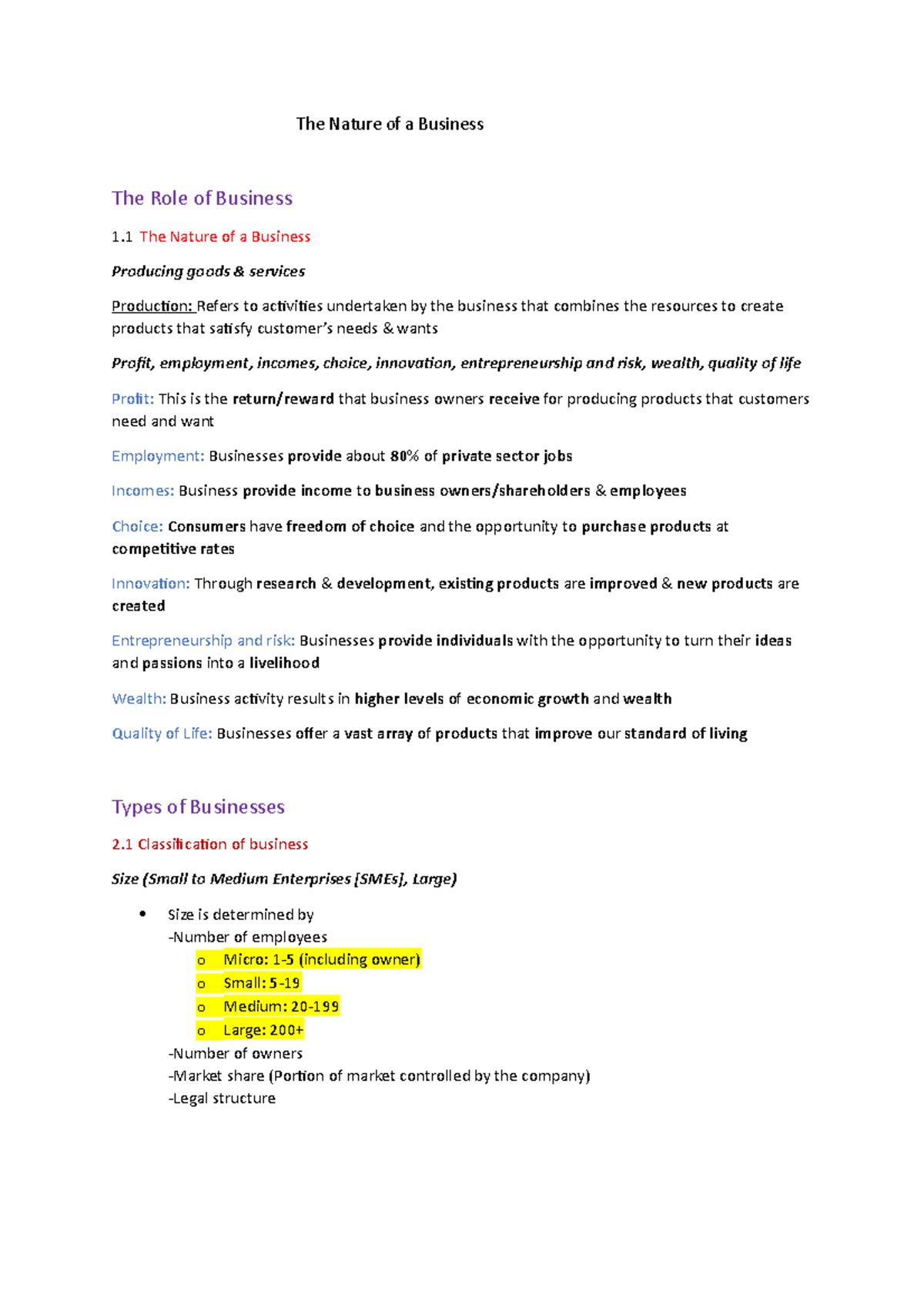 Business Final Prelim Exam Notes - The Nature of a Business The Role of ...