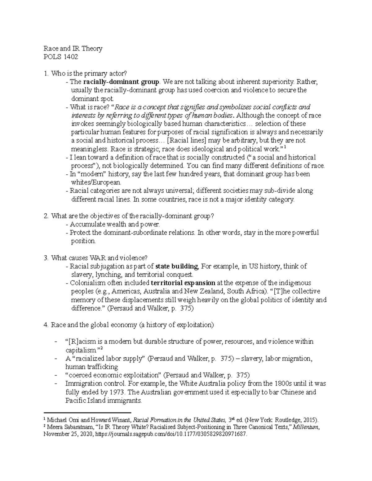 Race and IR Theory Notes - Google Docs - Race and IR Theory POLS 1402 ...
