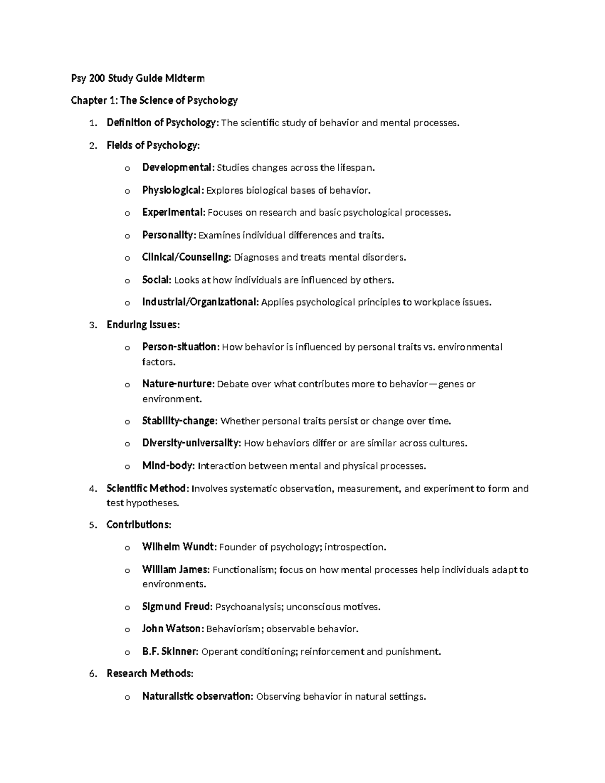 Psy 200 Study Guide Midterm - Psy 200 Study Guide Midterm Chapter 1 ...