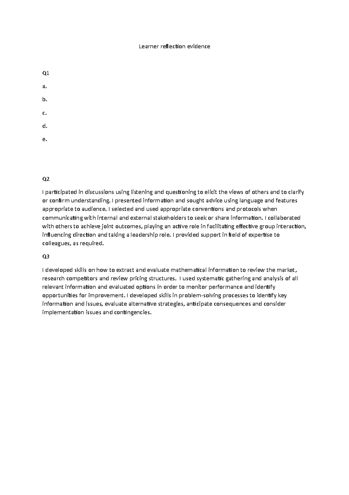 Learner reflection evidence - Learner relecion evidence Q a. b. c. d. e ...