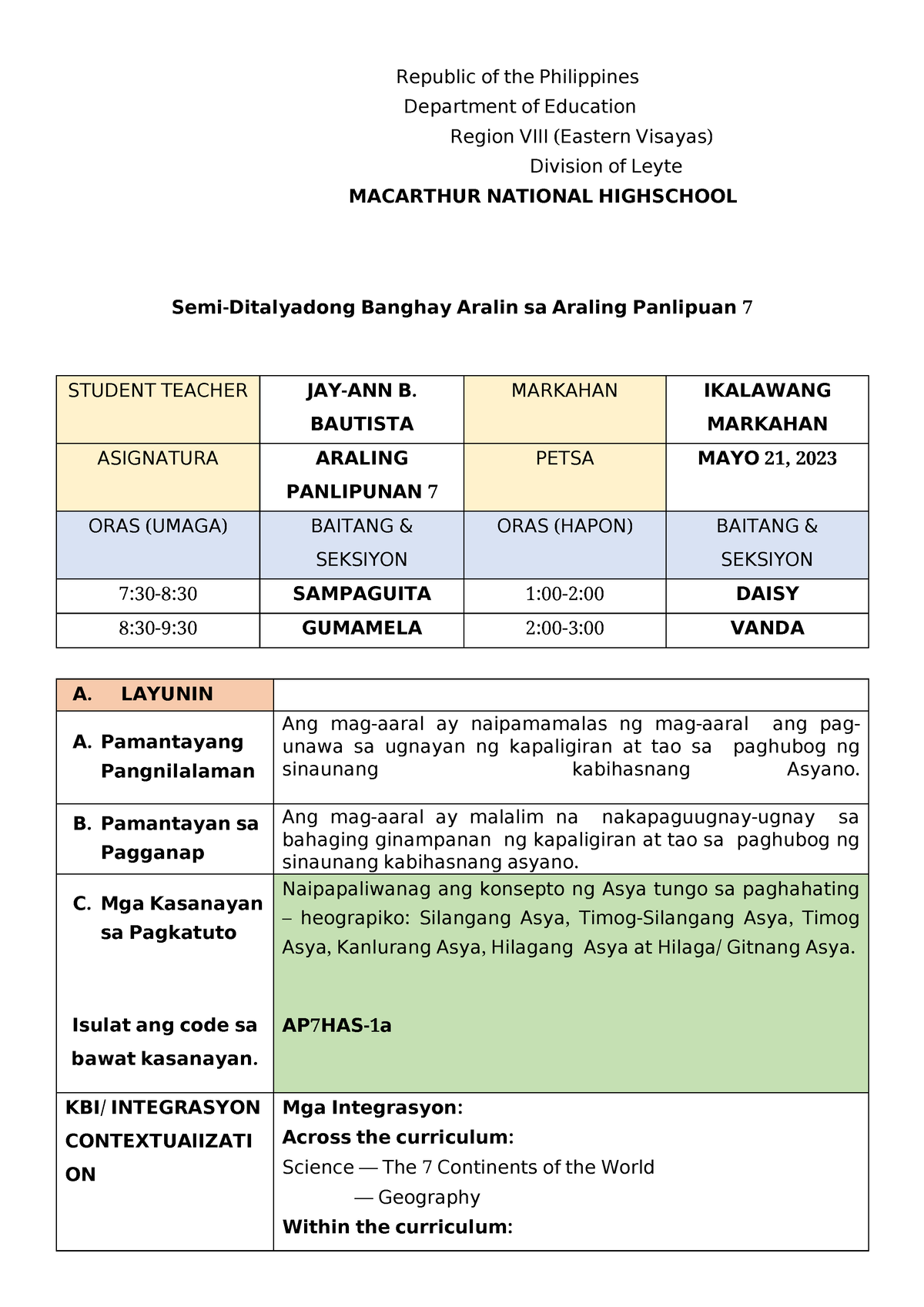 Lesson Plan Grade 7 - Xxxxxxxx - Republic Of The Philippines Department ...