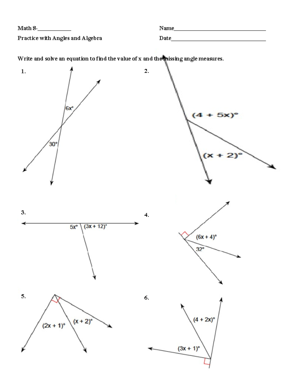 Angles and Algebra Practice - MATHUA235 - Math 8- Name Practice with ...