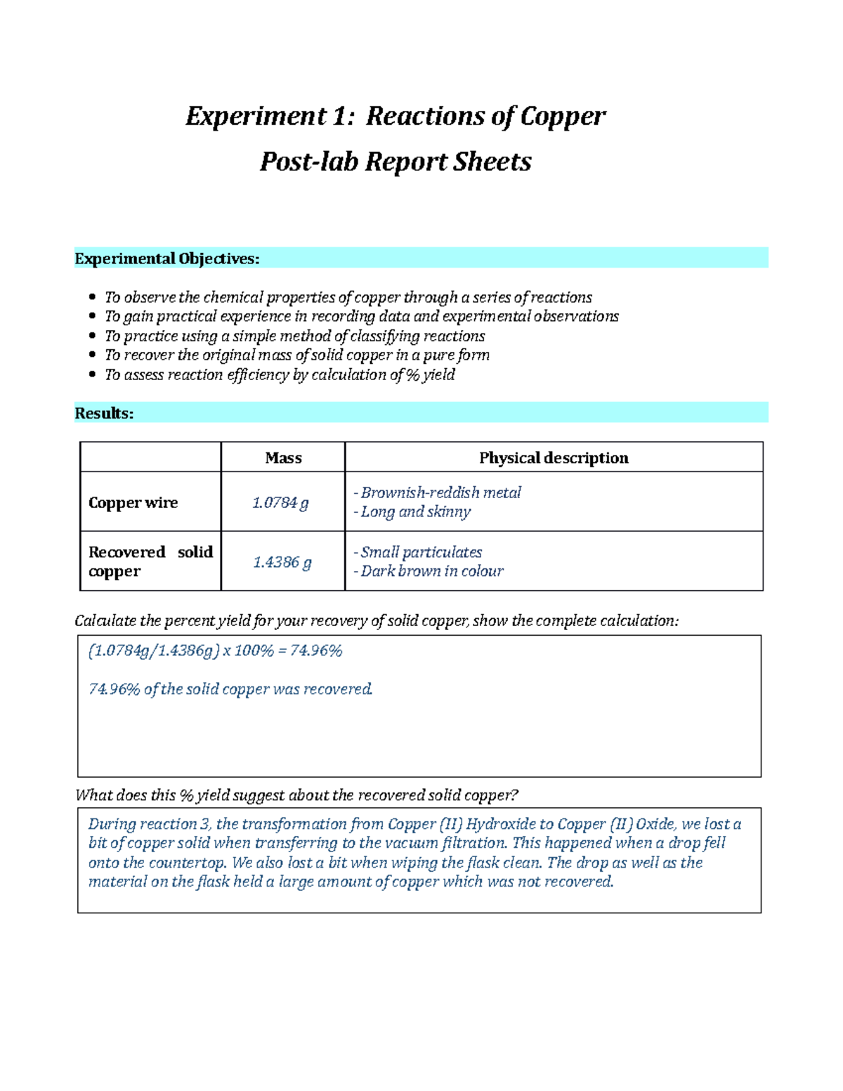 the great copper experiment lab report