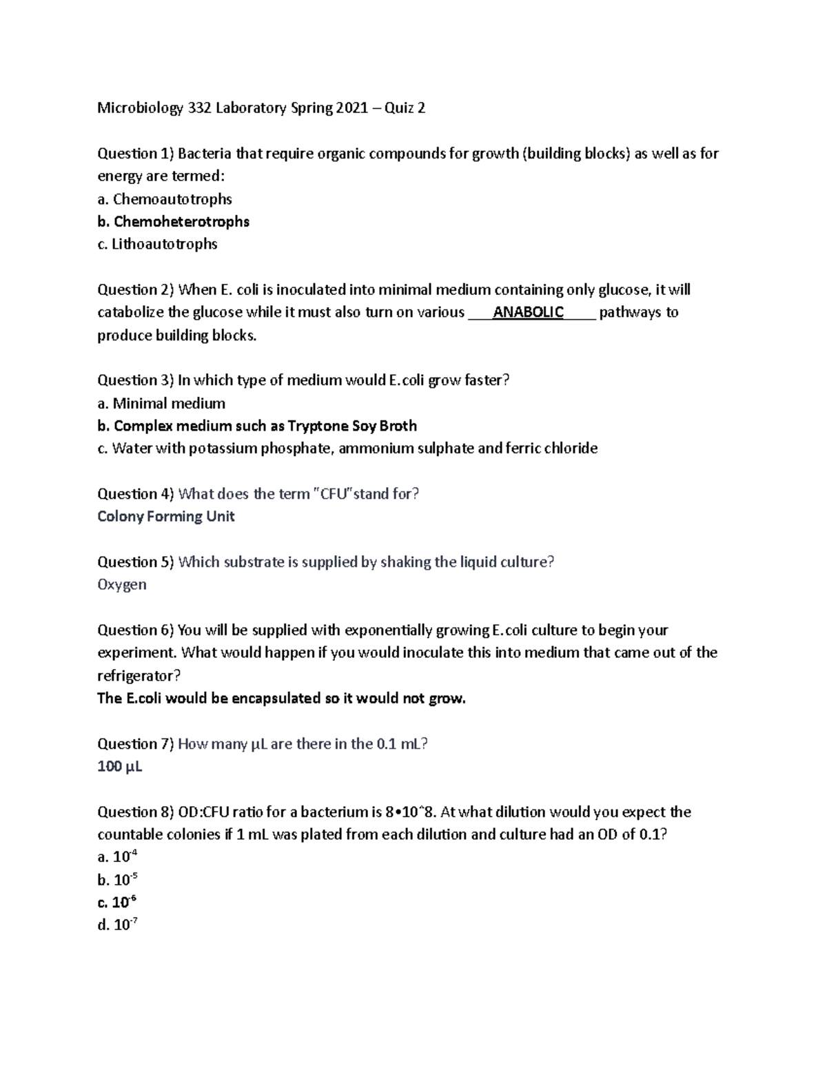 Micro 332 Lab Spring 2021 - Quiz 2 - Microbiology 332 Laboratory Spring ...