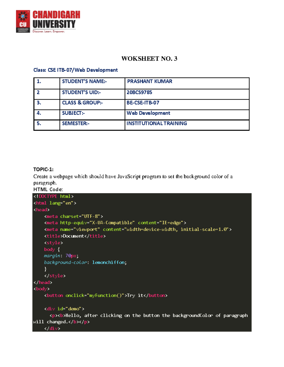 (20BCS9785) WD Worksheet-3 - WOKSHEET NO. 3 Class: CSE ITB-07/Web ...