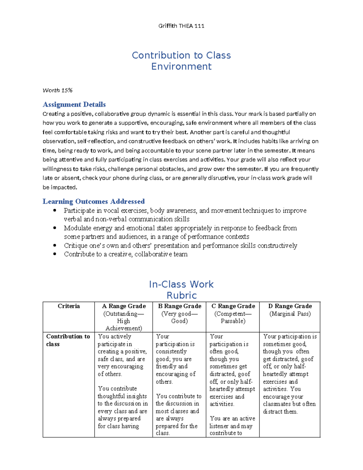 THEA 111 - Assignments - Griffith THEA 111 Contribution to Class ...