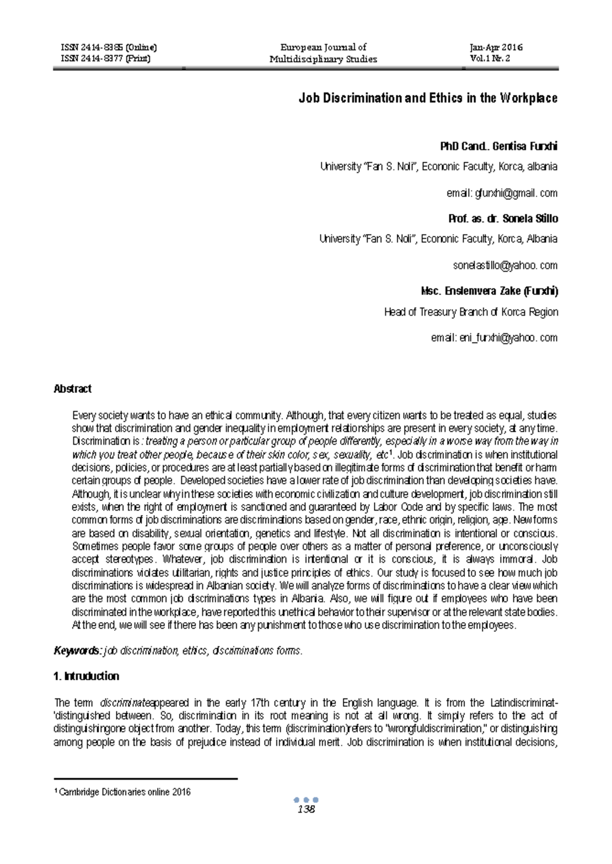 Job Discrimination and Ethics in the Workplace - ISSN 2414-8377 (Print ...