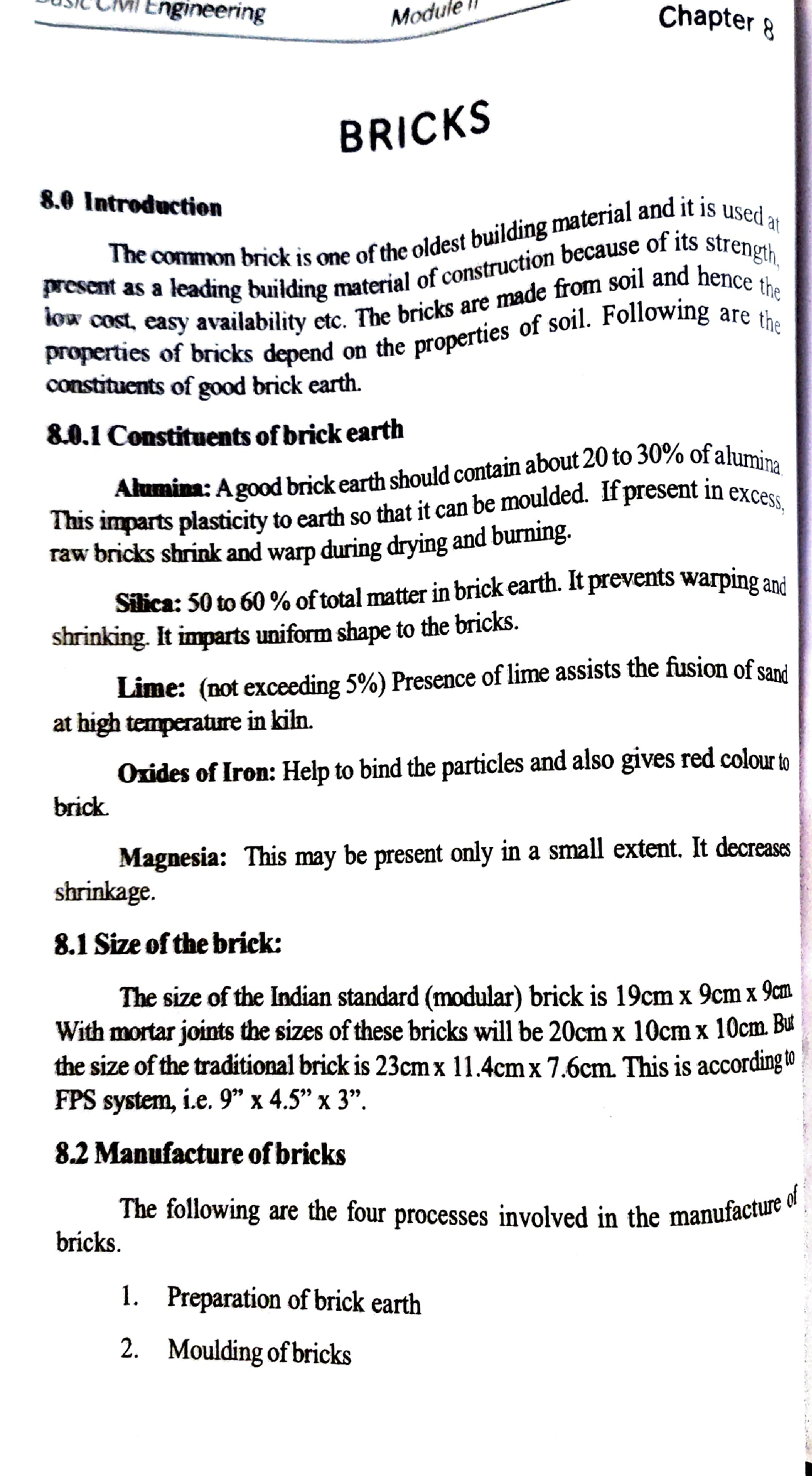 Brick notes - M ENgineering Module Chapter 8 BRICKS The common brick is ...