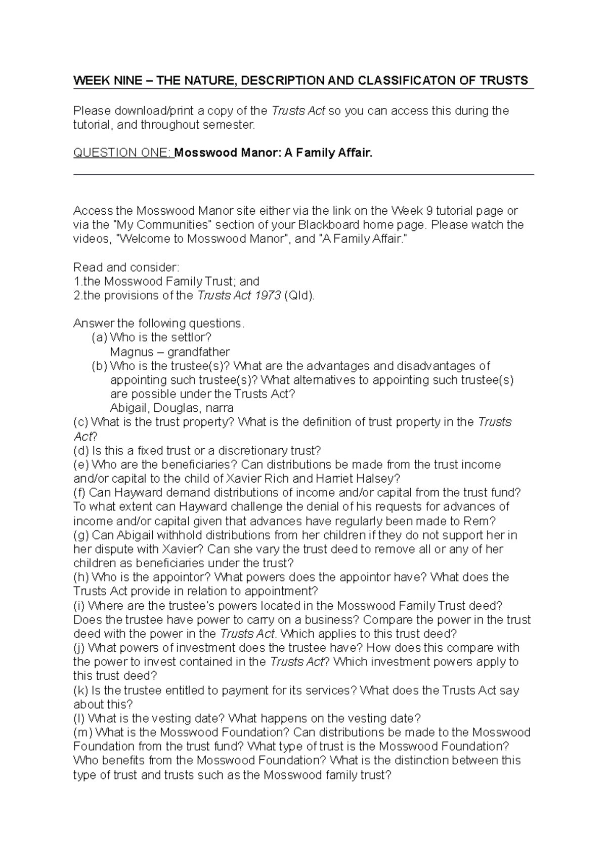 Week 9 Tut The Nature Classification and Description of Trusts WEEK