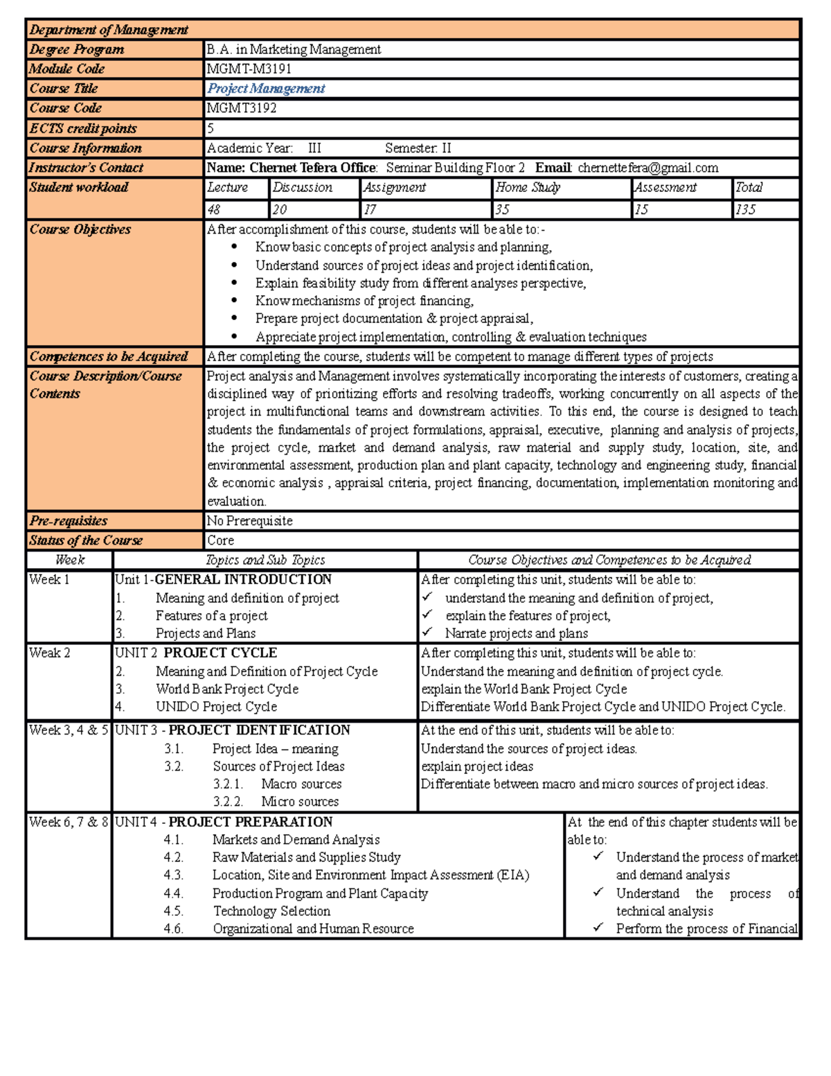 Project Management Course outline - Department of Management Degree ...