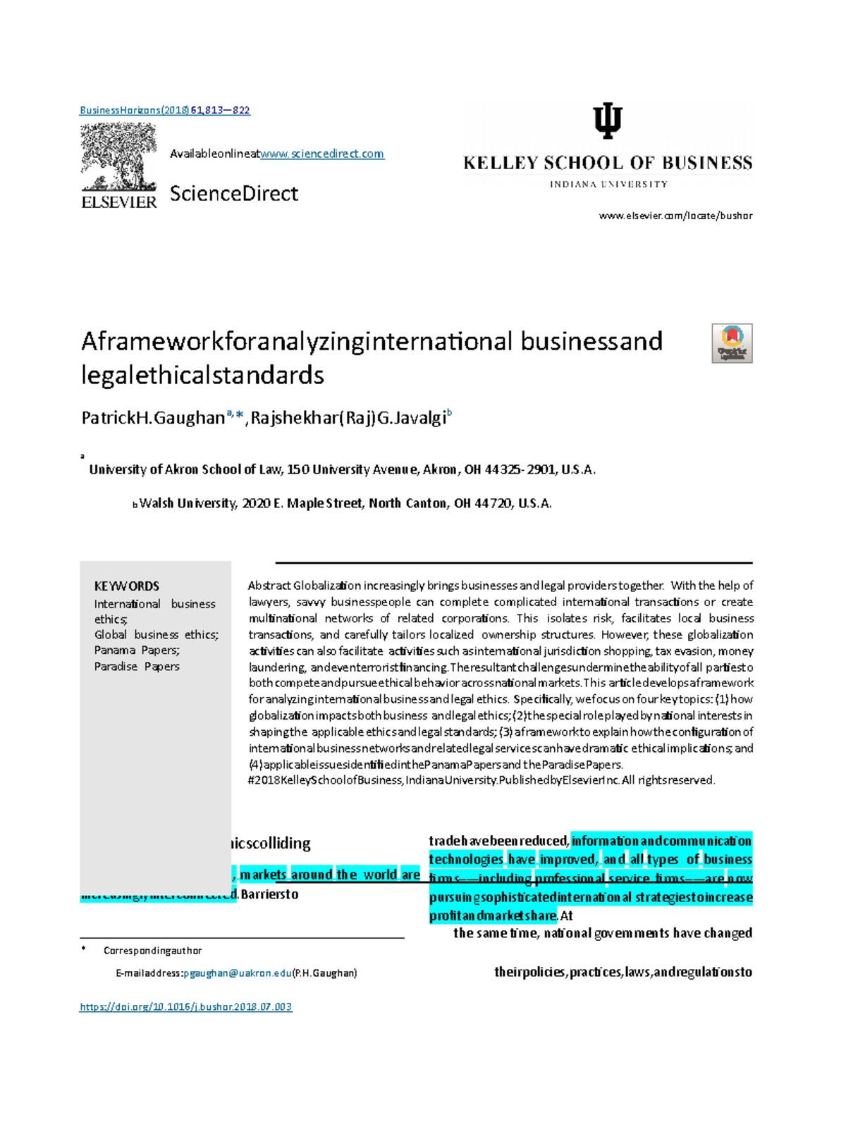 Ethics in business BusinessHorizons(2018) 61 , 813 — 822