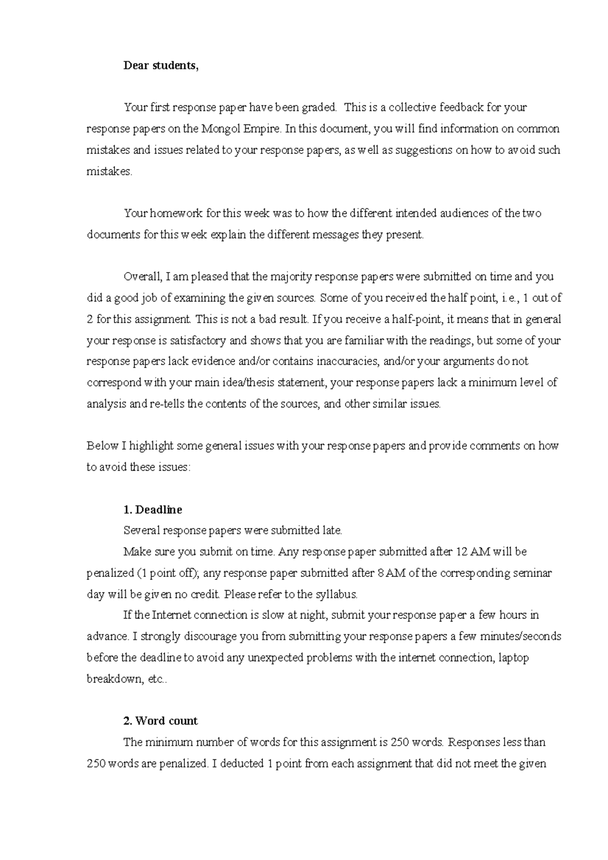 writing response 1 - Dear students, Your first response paper have been ...