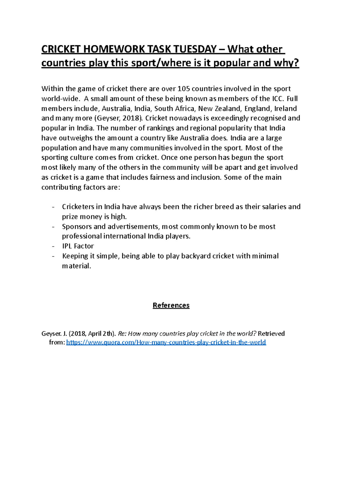 Homework task 1 - CRICKET HOMEWORK TASK TUESDAY – What other countries ...