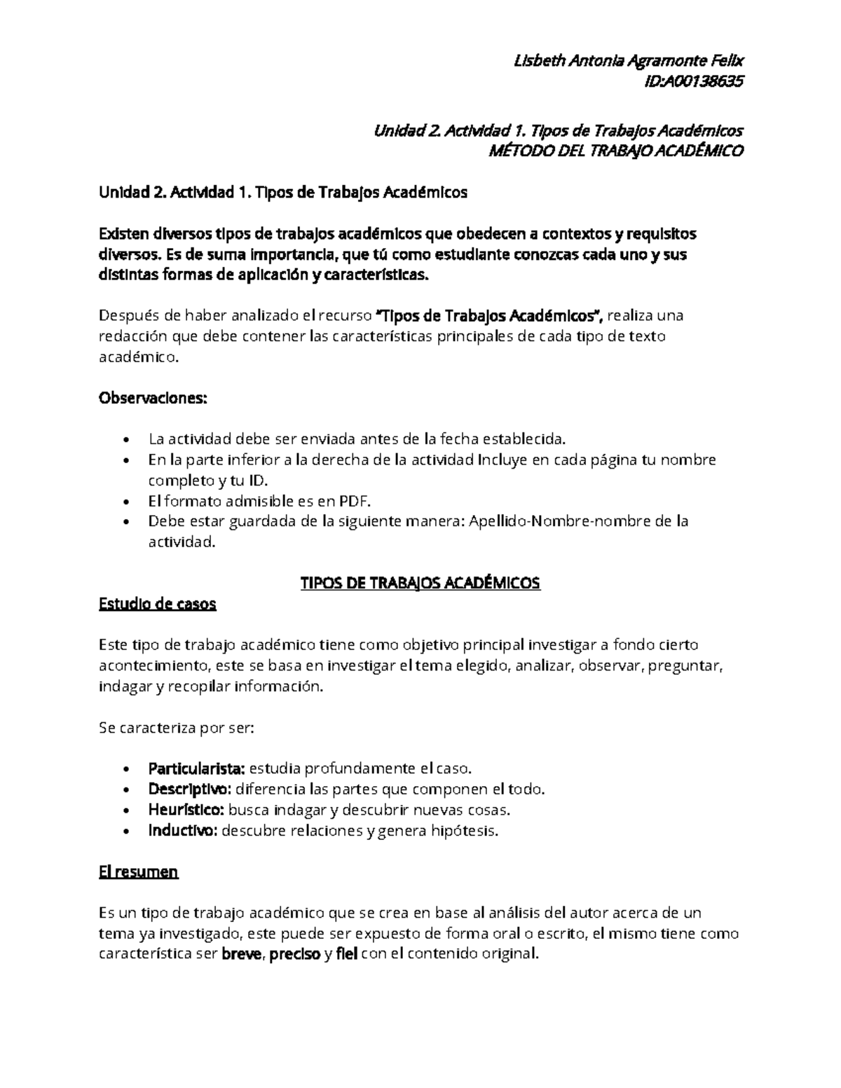 Tipos De Trabajo Academico Lisbeth Antonia Agramonte Felix Ida Unidad 2 Actividad 1 Tipos 9370