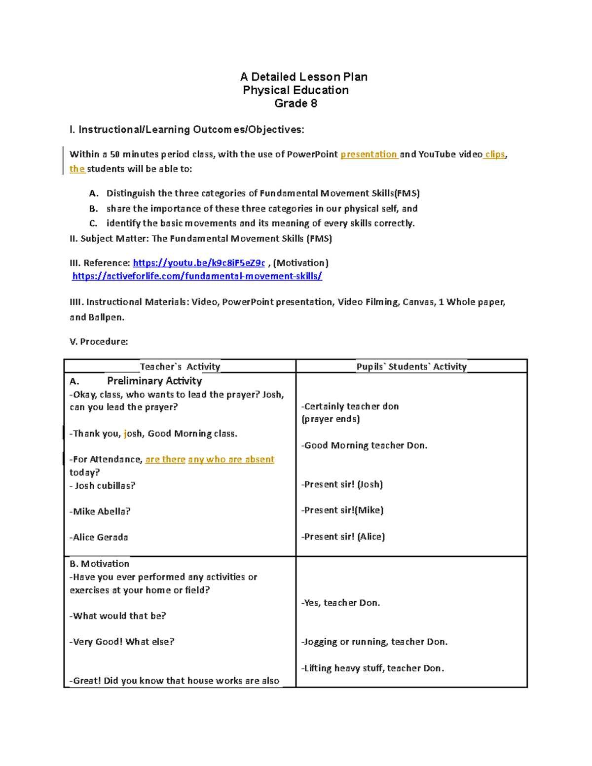 physical education lesson plans grade 8