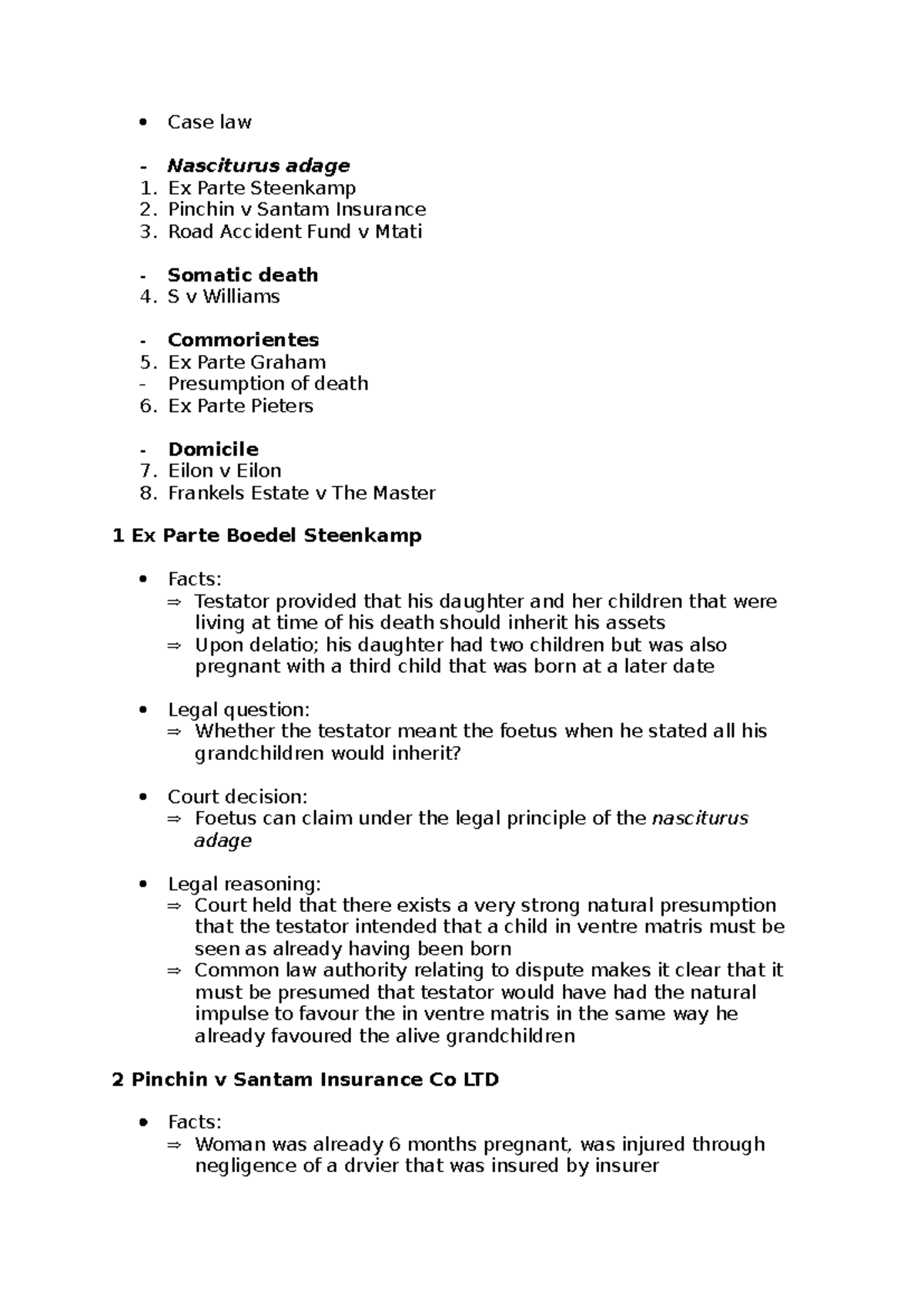 Case law for semester test 1 - Case law Nasciturus adage Ex Parte ...