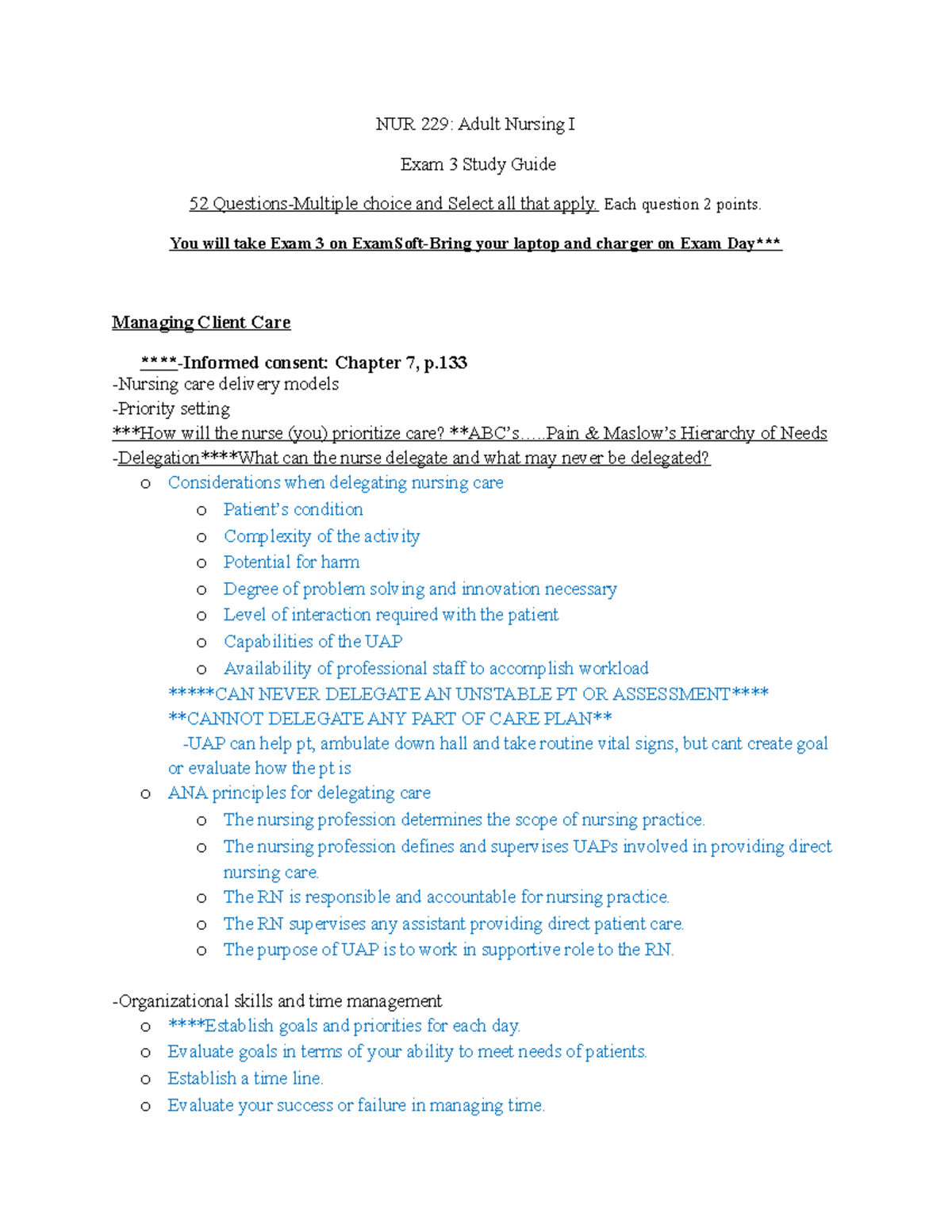 Exam 3-Study Guide NUR 229 - NUR 229: Adult Nursing I Exam 3 Study ...