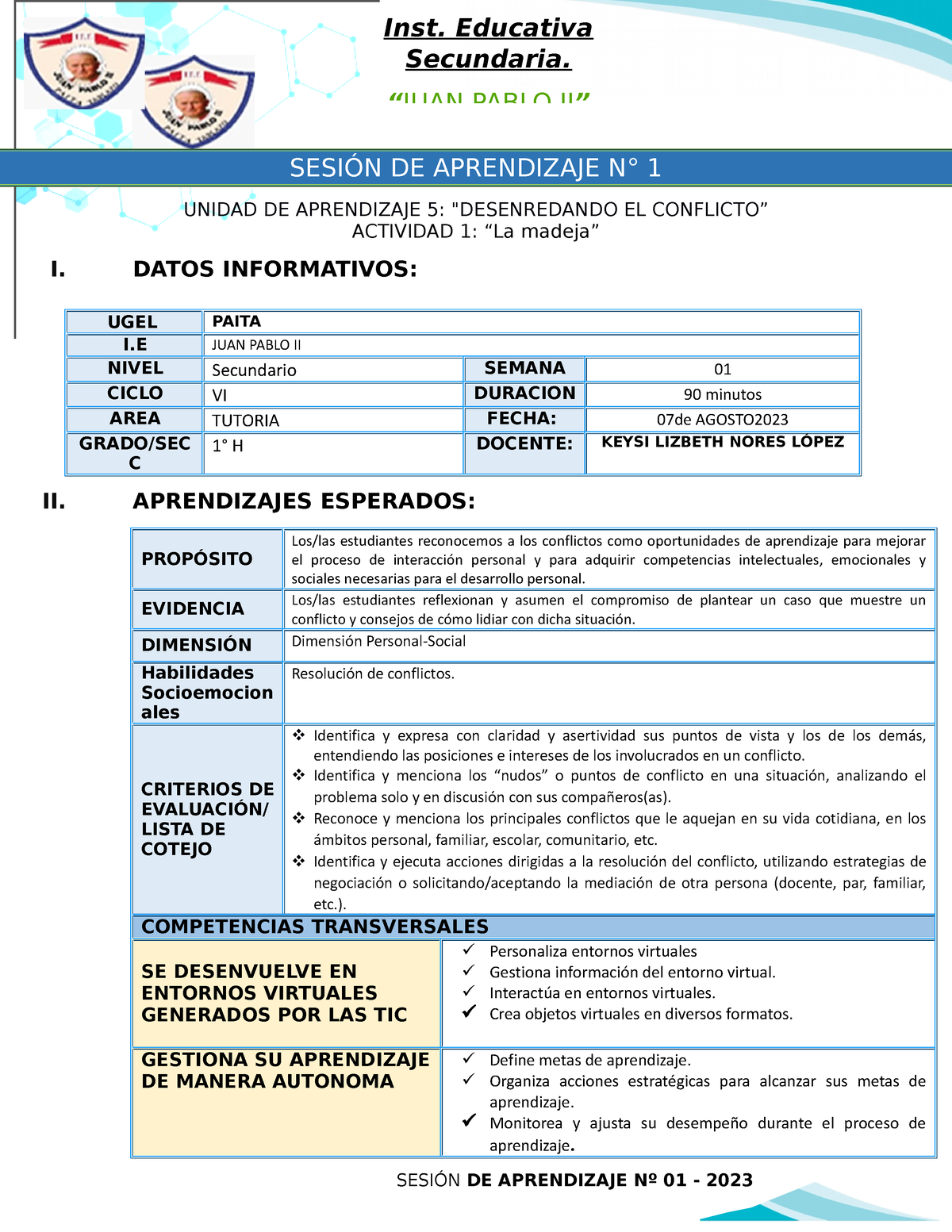 1º Y 2° Tutoria SES 1 EDAT 5 SEM 01 - SESIÓN DE APRENDIZAJE N° 1 UNIDAD ...