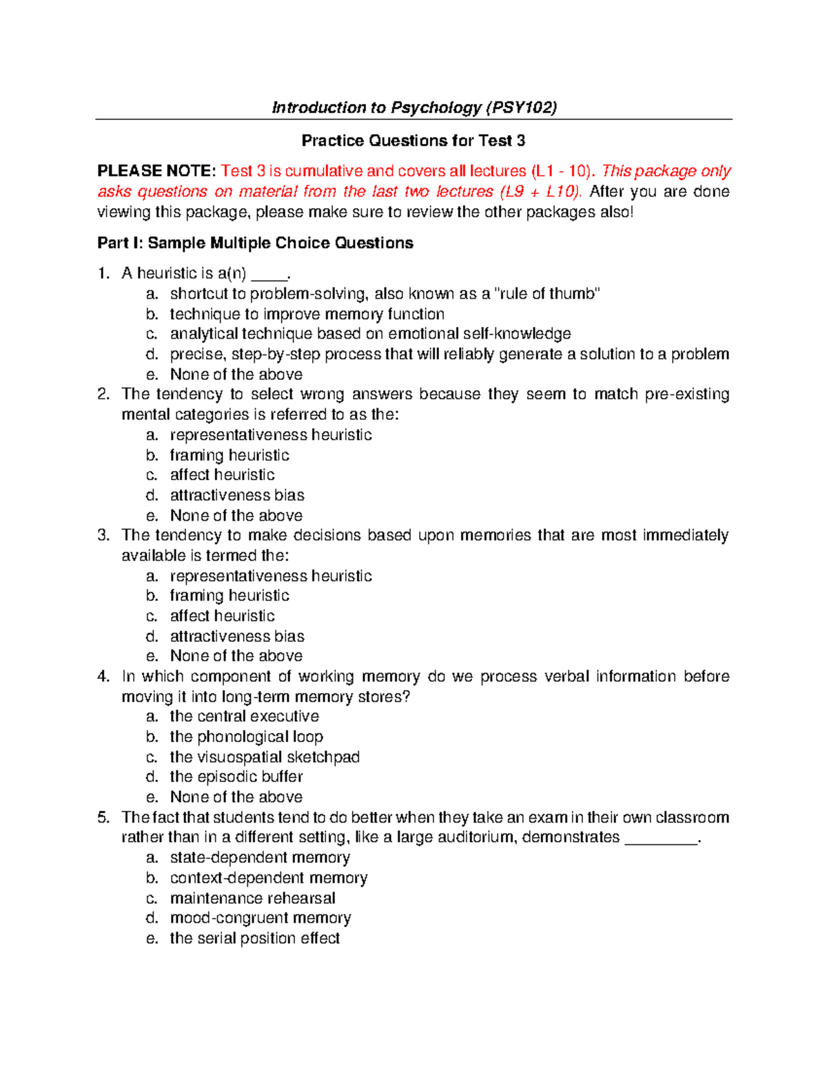 Test 3 Practice Questions - Introduction to Psychology (PSY102 ...