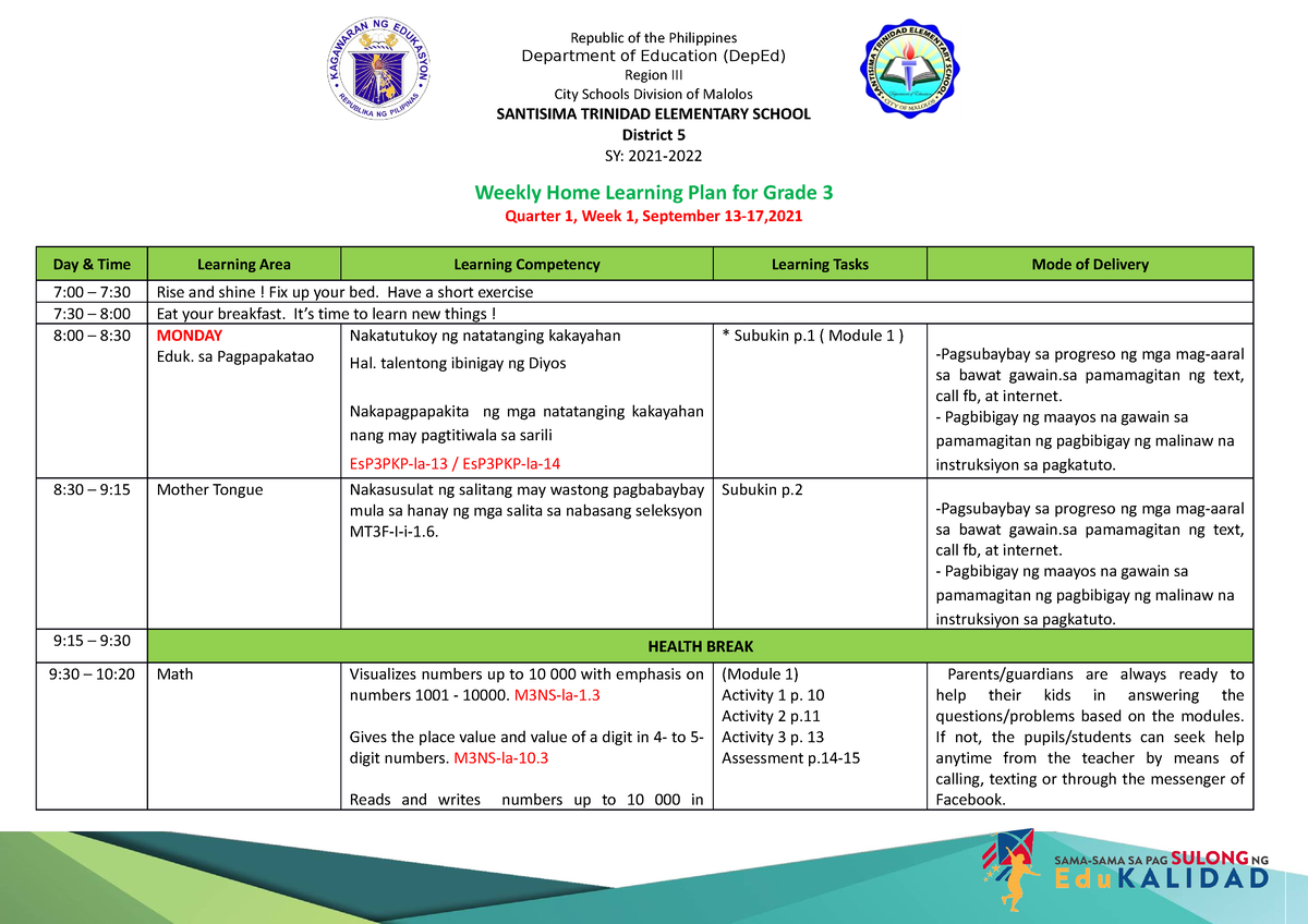 Whlp Week 1 Q1 Weekly Home Learning Plan Weekly Home Learning Plan For Grade 3 Quarter 1 6827