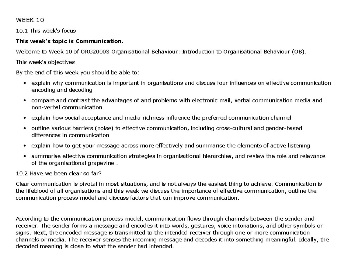 WEEK 10 Communication - INCLUDES ESSENTIAL READING NOTES. eLA BELINDA ...