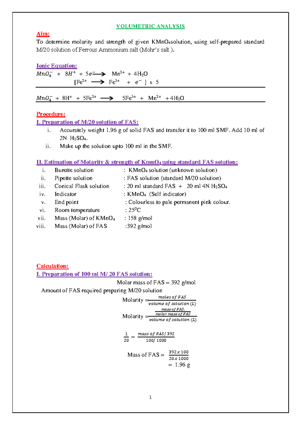 Volumetric Analysis - ..... - 1 VOLUMETRIC ANALYSIS Aim: To determine ...