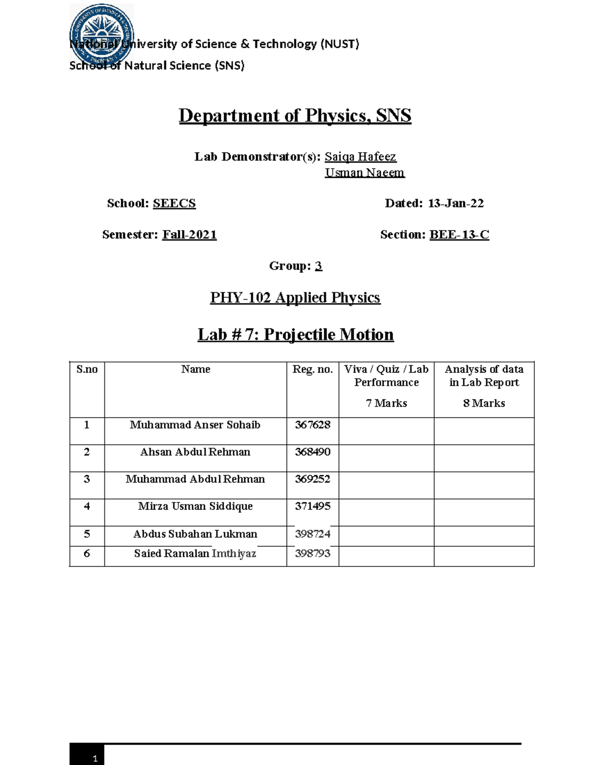 Applied Physics Lab 7 Report - School of Natural Science (SNS ...