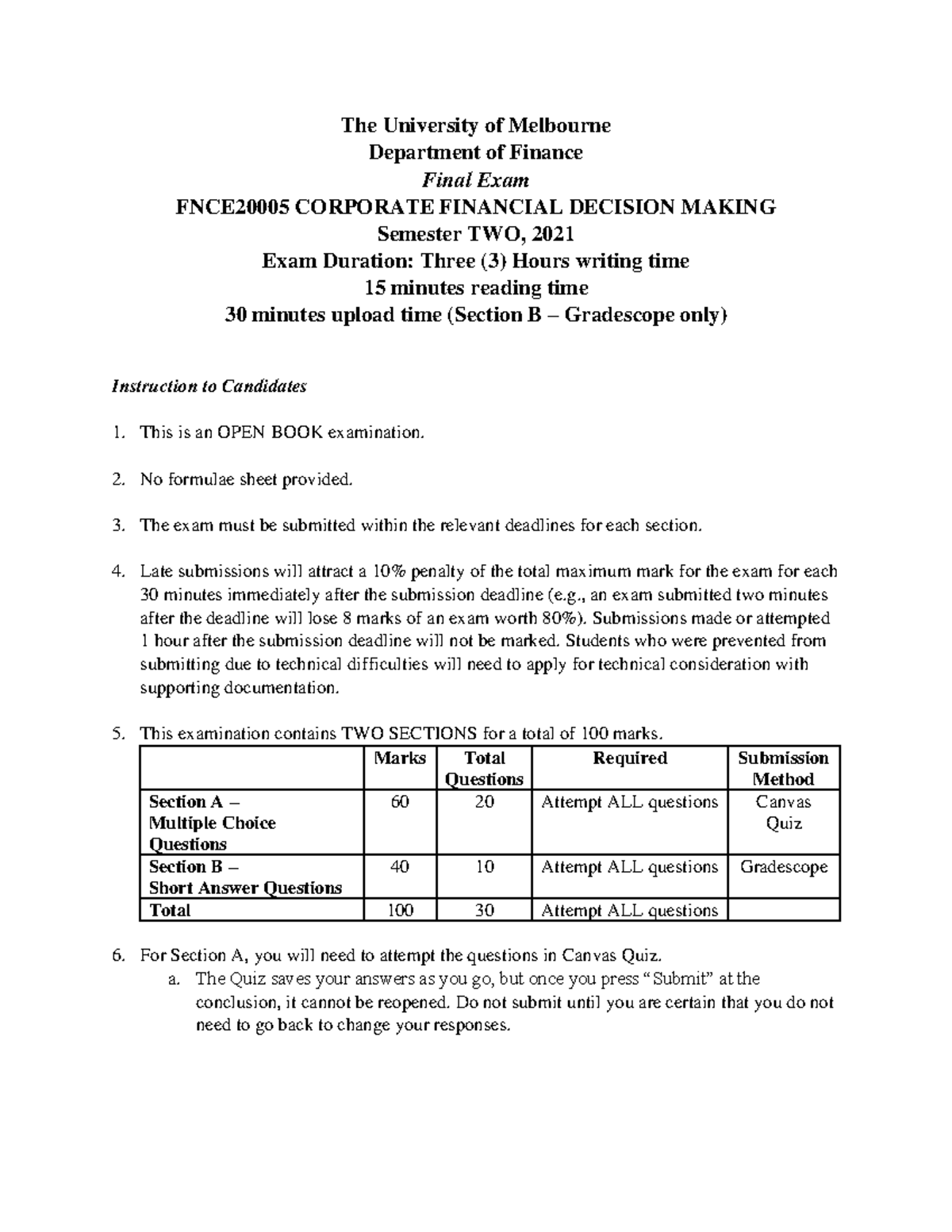 FNCE20005 Corporate Financial Decision Making Section B - Practice Exam ...