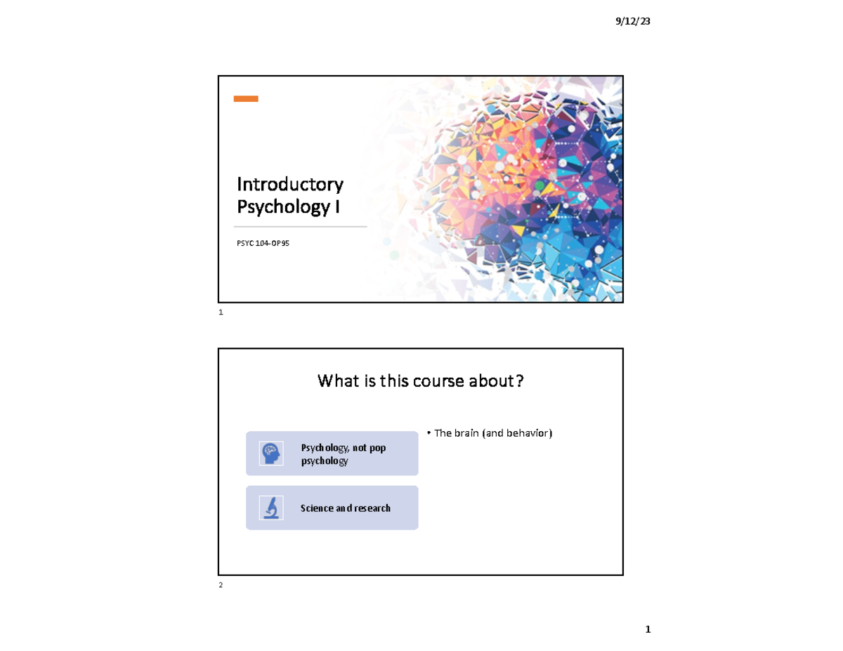 Intro Slides 1A - Introductory Psychology I ####### PSYC 104-OP ...