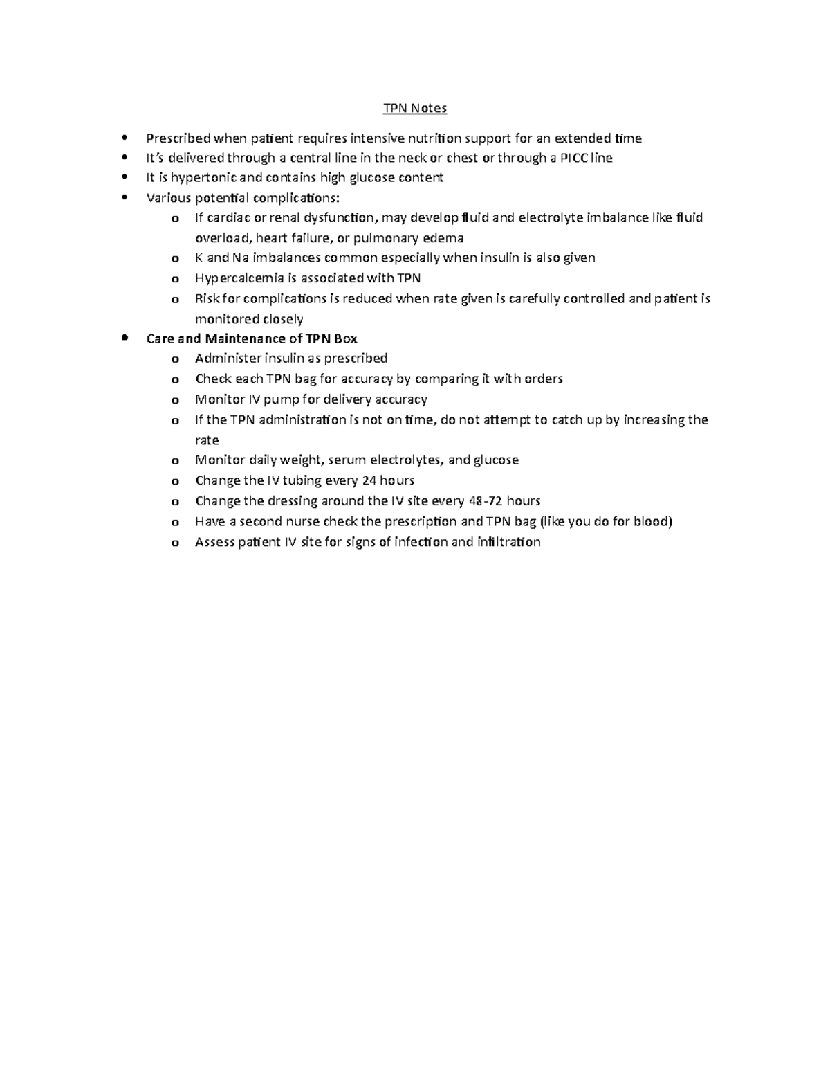 TPN Class Notes - TPN Notes Prescribed when patient requires intensive ...