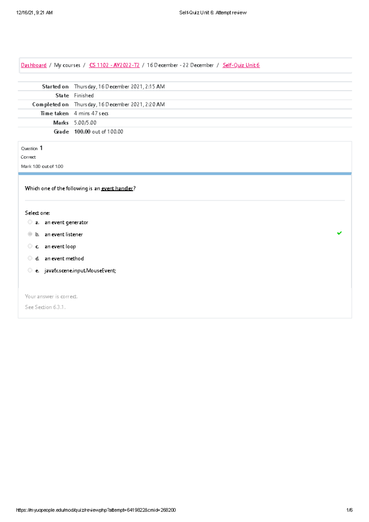 Self-Quiz Unit 6 Attempt Review CS1102 - Started On Thursday, 16 ...