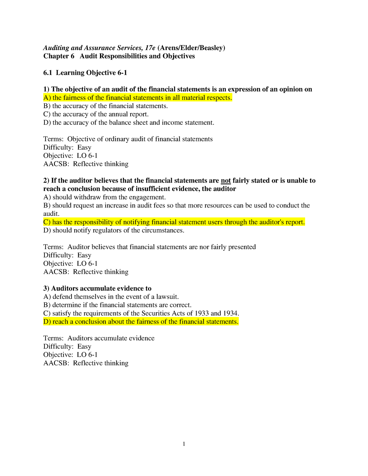 Chapter 06 - Questions - Auditing And Assurance Services, 17e (Arens ...