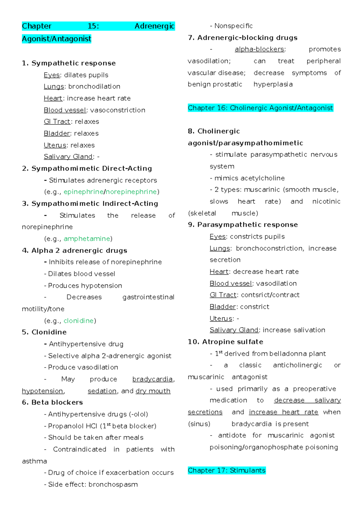 Pharma Reviewer - Chapter 15: Adrenergic Agonist/Antagonist Sympathetic ...