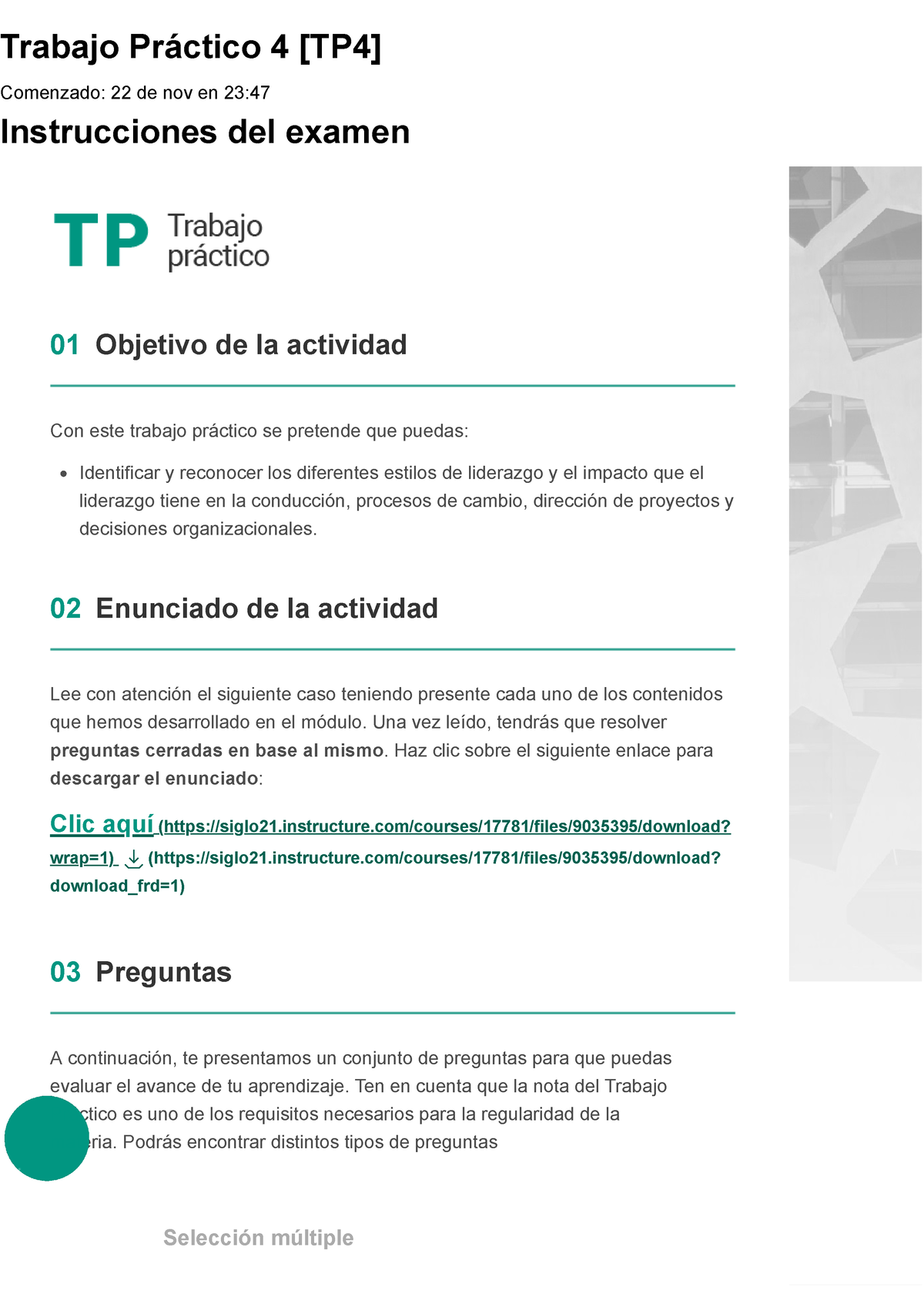 Examen Trabajo Práctico 4 [TP4] - Trabajo Práctico 4 [TP4] Comenzado ...