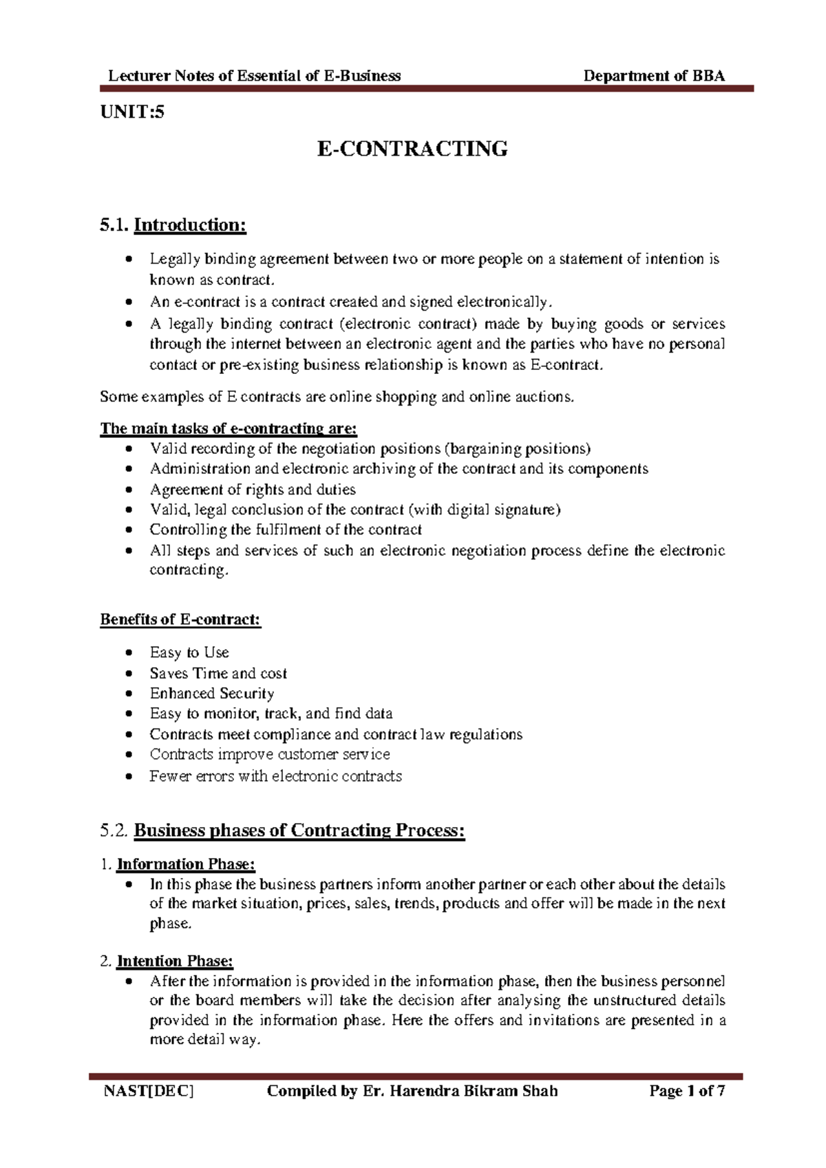 Unit 5 E-Contracting - unit 5 - UNIT: E-CONTRACTING 5. Introduction ...